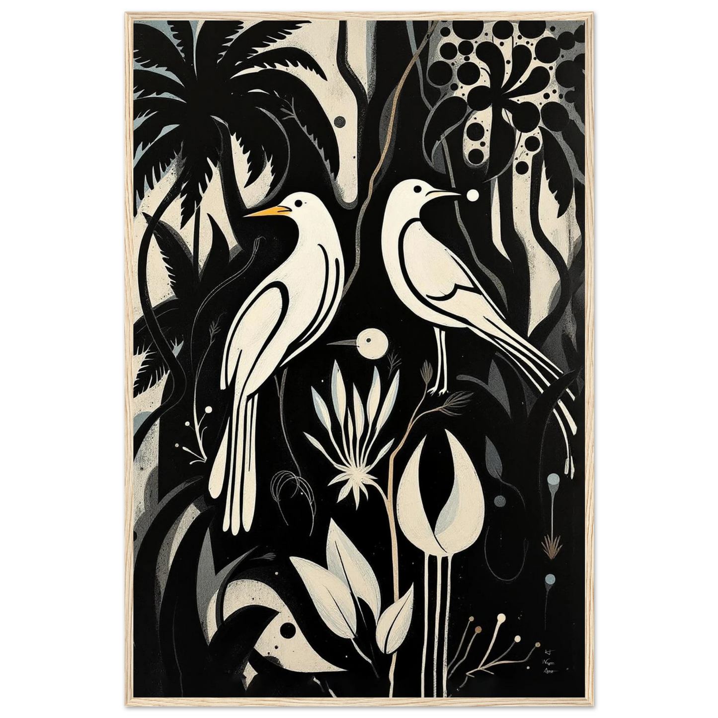 Black & White Minimalist Bird Art Print Light Wood Frame 60x90 cm 24x36″ Premium Matte Paper Wooden Framed Poster