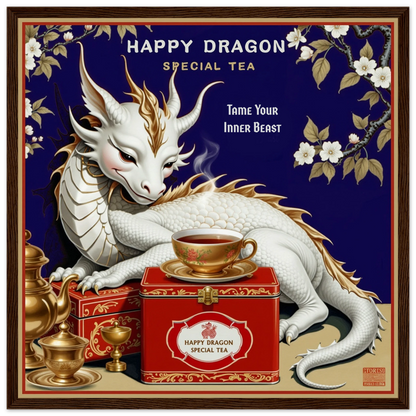 Happy Dragon Tea Art Print 40x40 cm 16x16″ Museum-Quality Matte Paper Wooden Framed Poster Dark Brown Wood Frame