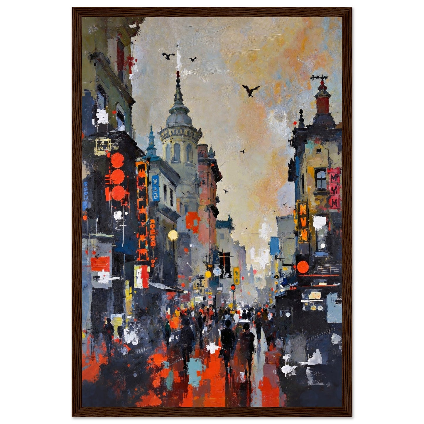 Gothic City Street Art Print - European Cityscape 30x45 cm 12x18″ Premium Matte Framed Poster - Dark Brown Wood