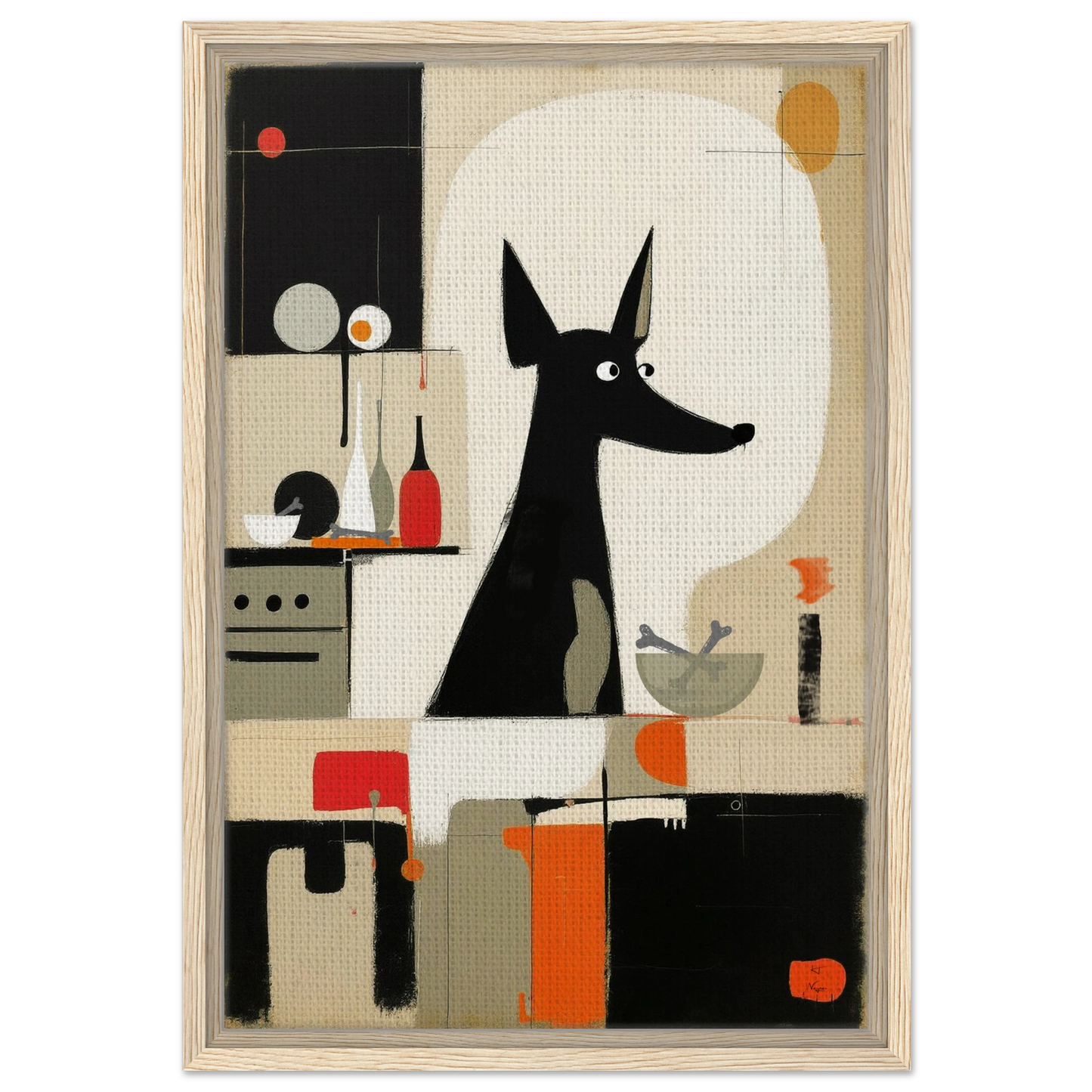Modern Quirky Abstract Dog Art Print Light Wood Frame 40x60 cm 16x24″ Framed Canvas