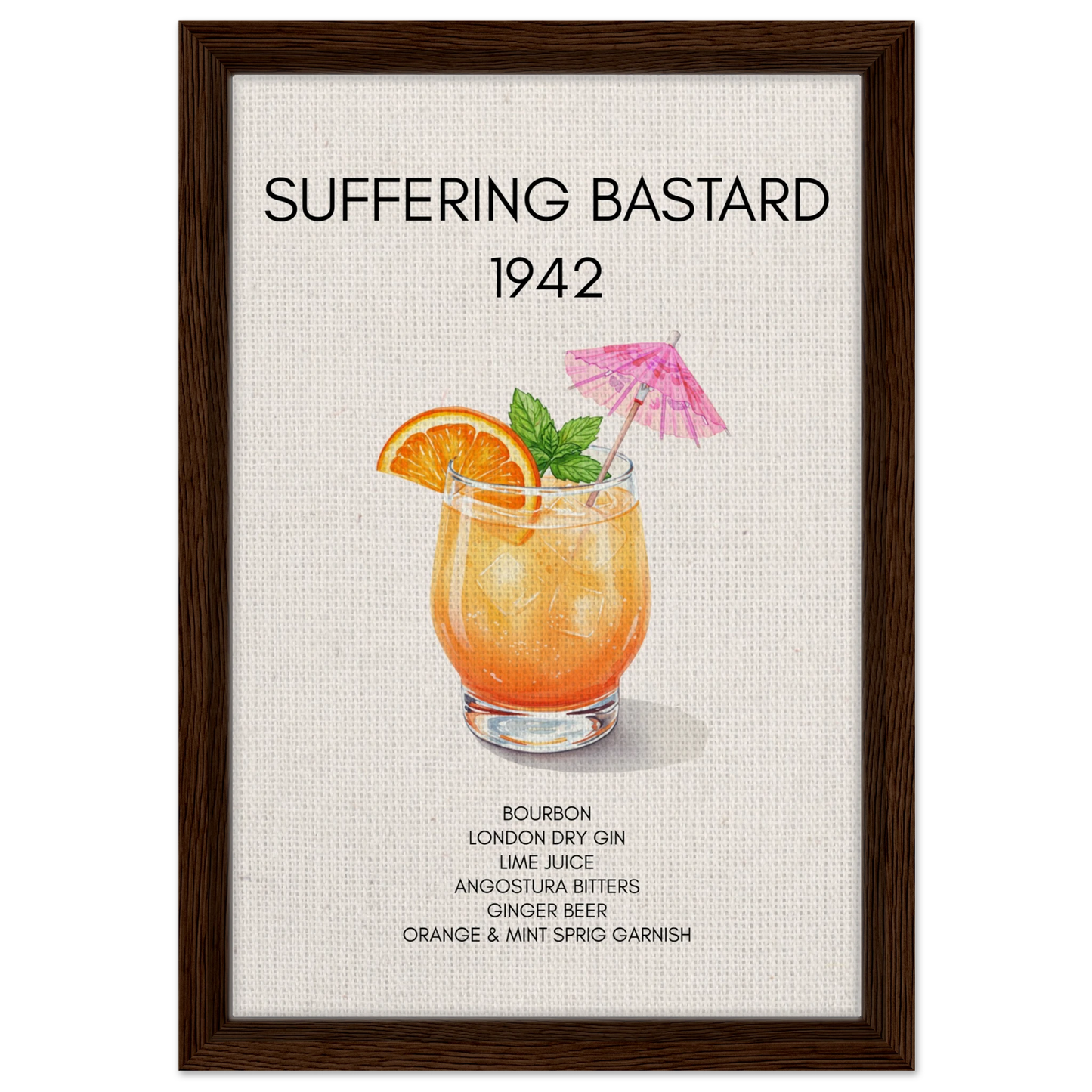 Suffering Bastard Tiki Cocktail Bar Poster Print Dark Brown Wood Frame 30x45 cm 12x18″ Framed Canvas