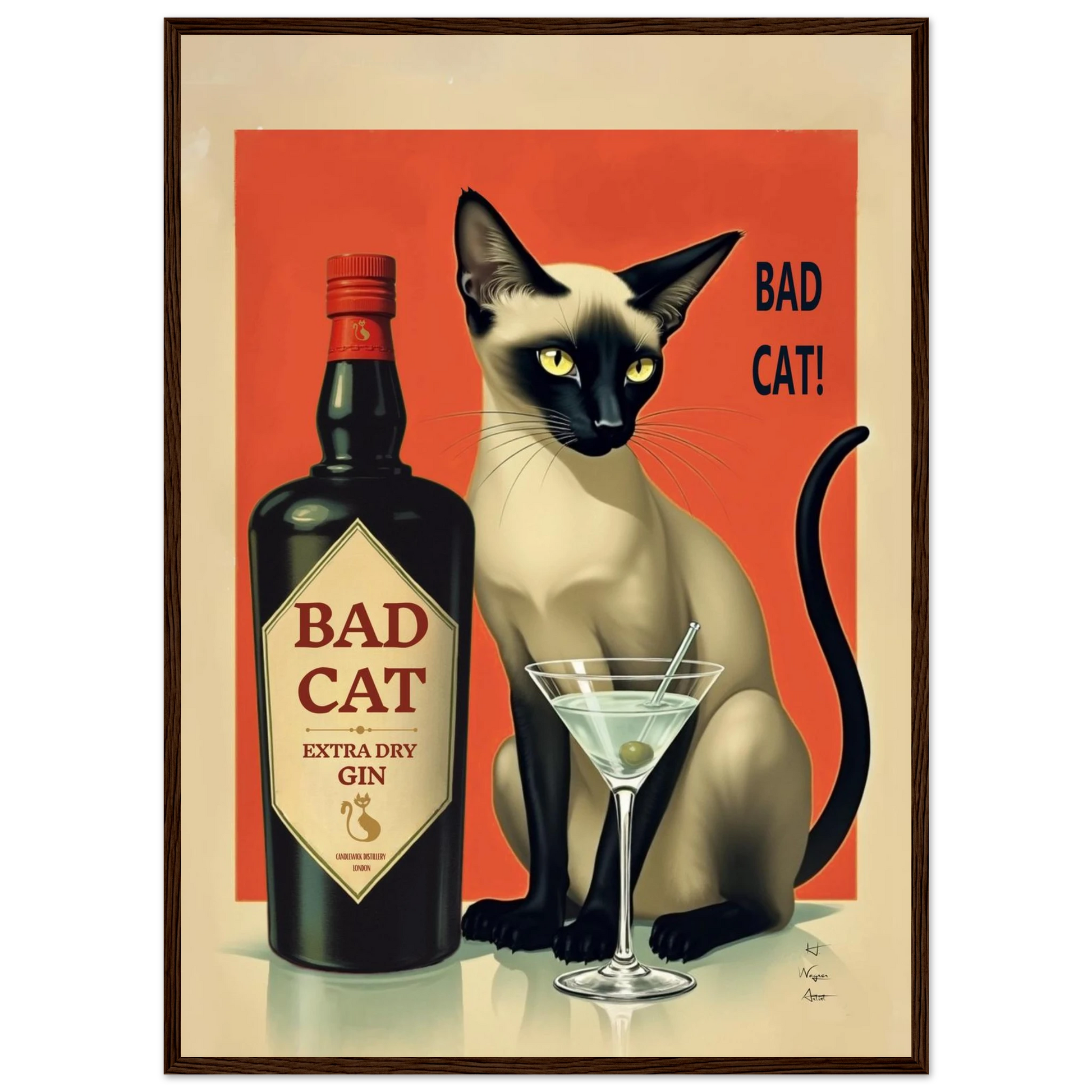 Siamese Cat Gin Martini Cocktail Art Print 50x70 cm 20x28″ Classic Matte Paper Wooden Framed Poster Dark Brown Wood Frame