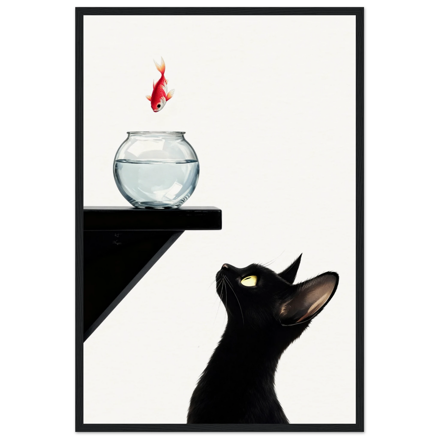 Curious Black Cat Goldfish Minimalist Art Print 40x60 cm 16x24″ Museum-Quality Matte Framed Poster - Black Wood