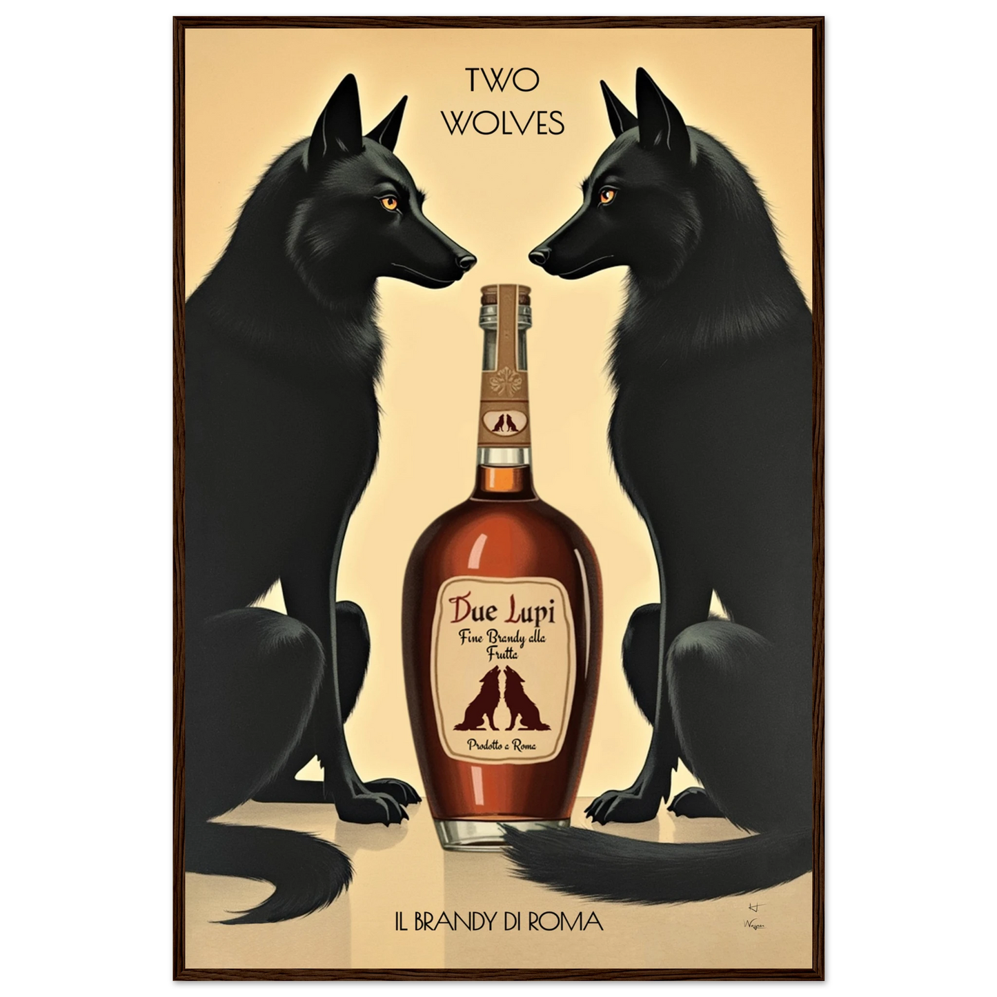 Two Wolves Italian Cocktail Bar Art Print 60x90 cm 24x36″ Classic Matte Paper Wooden Framed Poster Dark Brown Wood Frame