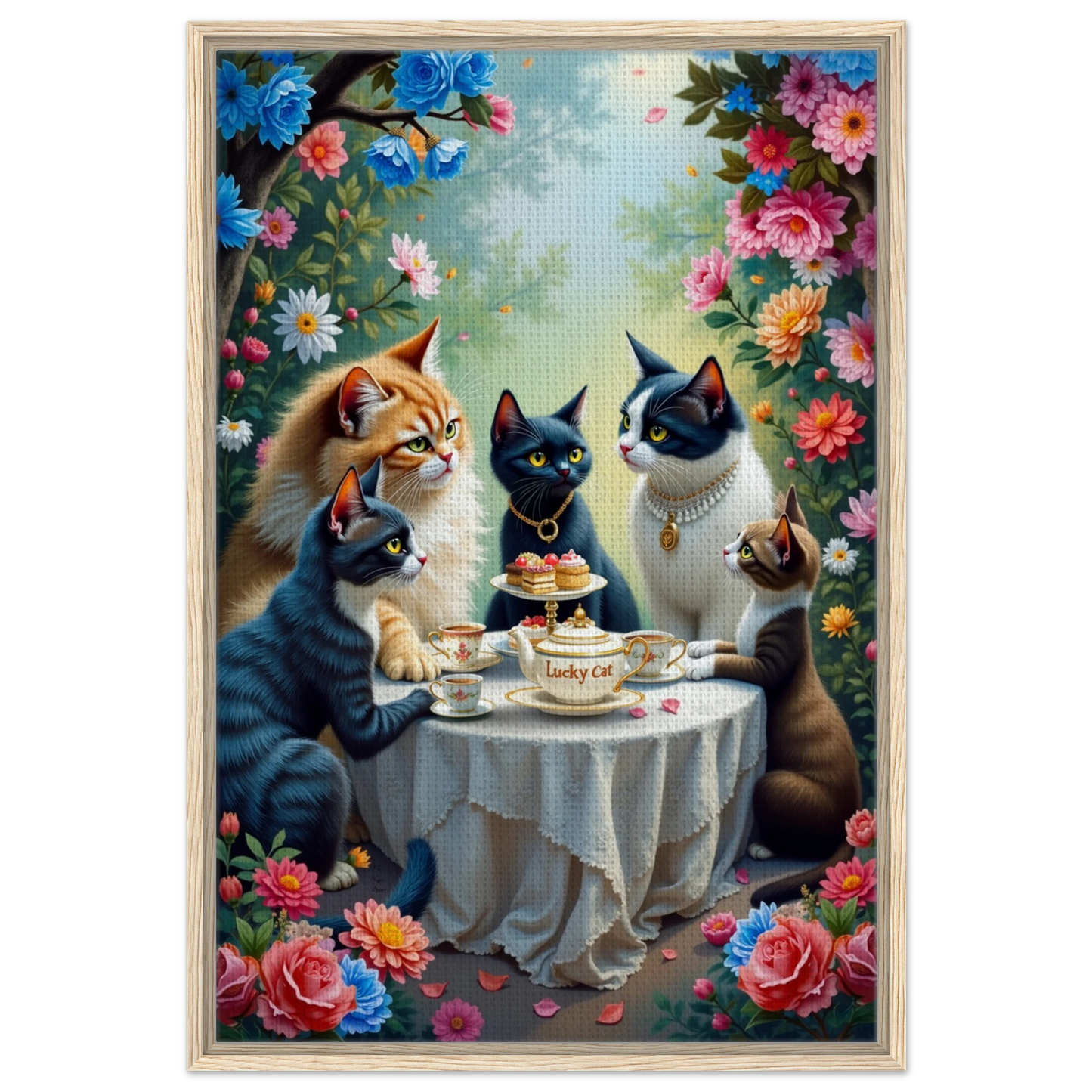 Lucky Cat Tea Party Botanical Art Print 60x90 cm 24x36″ Framed Canvas Light Wood Frame