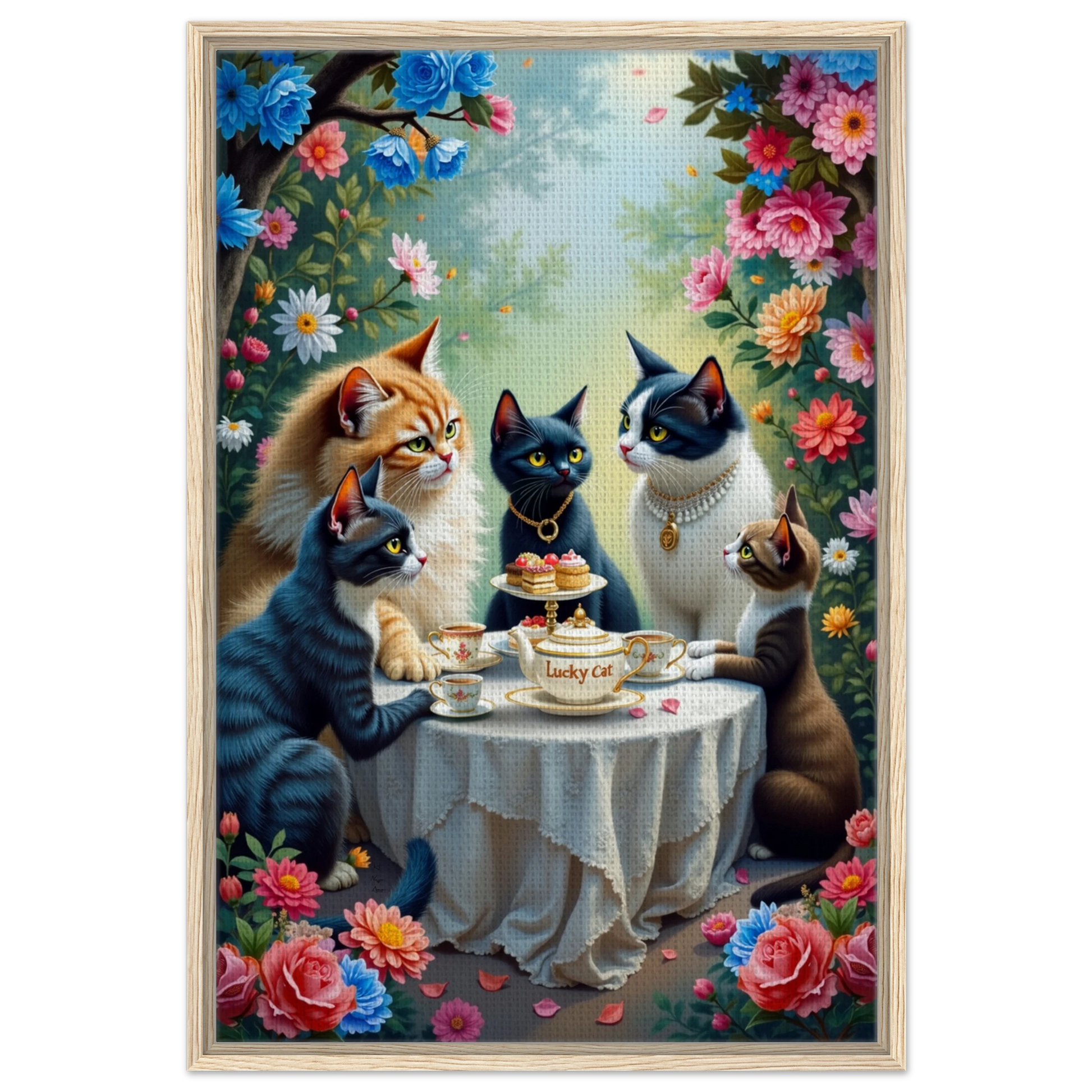 Lucky Cat Tea Party Botanical Art Print 60x90 cm 24x36″ Framed Canvas Light Wood Frame
