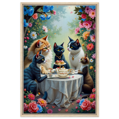 Lucky Cat Tea Party Botanical Art Print 60x90 cm 24x36″ Framed Canvas Light Wood Frame