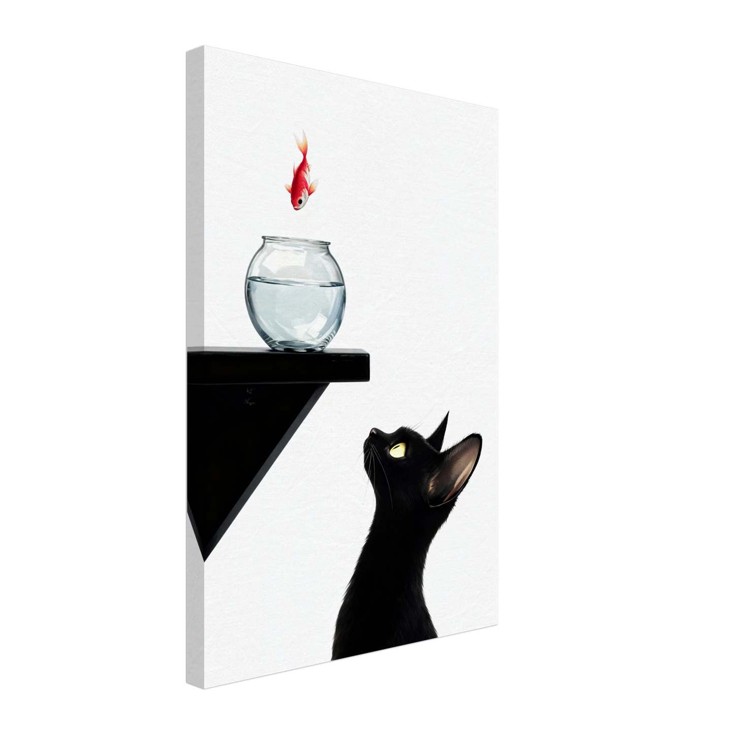 Curious Black Cat Goldfish Minimalist Art Print 40x60 cm 16x24″ Gallery Wrapped Canvas