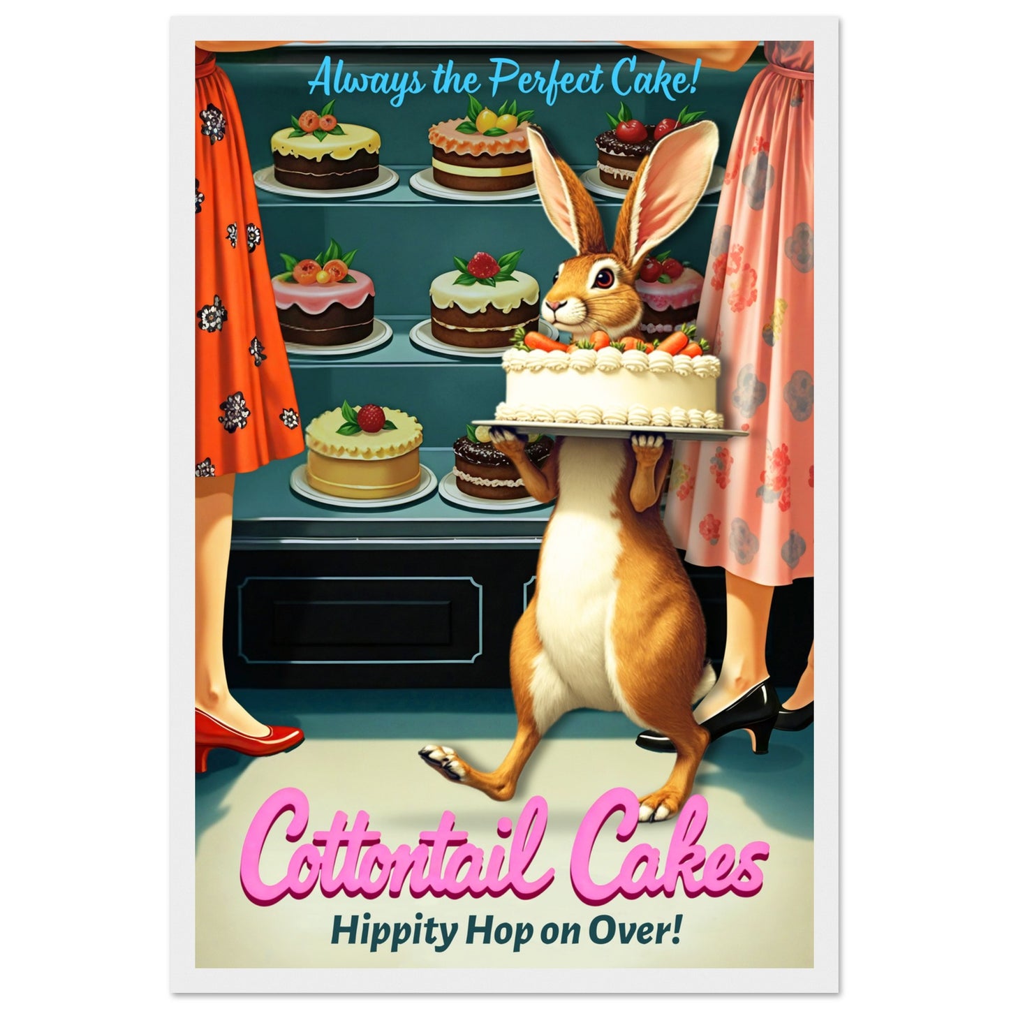 Cottontail Cakes 1950s Rabbit Art Print 30x45 cm 12x18″ Classic Matte Framed Poster - White Wood
