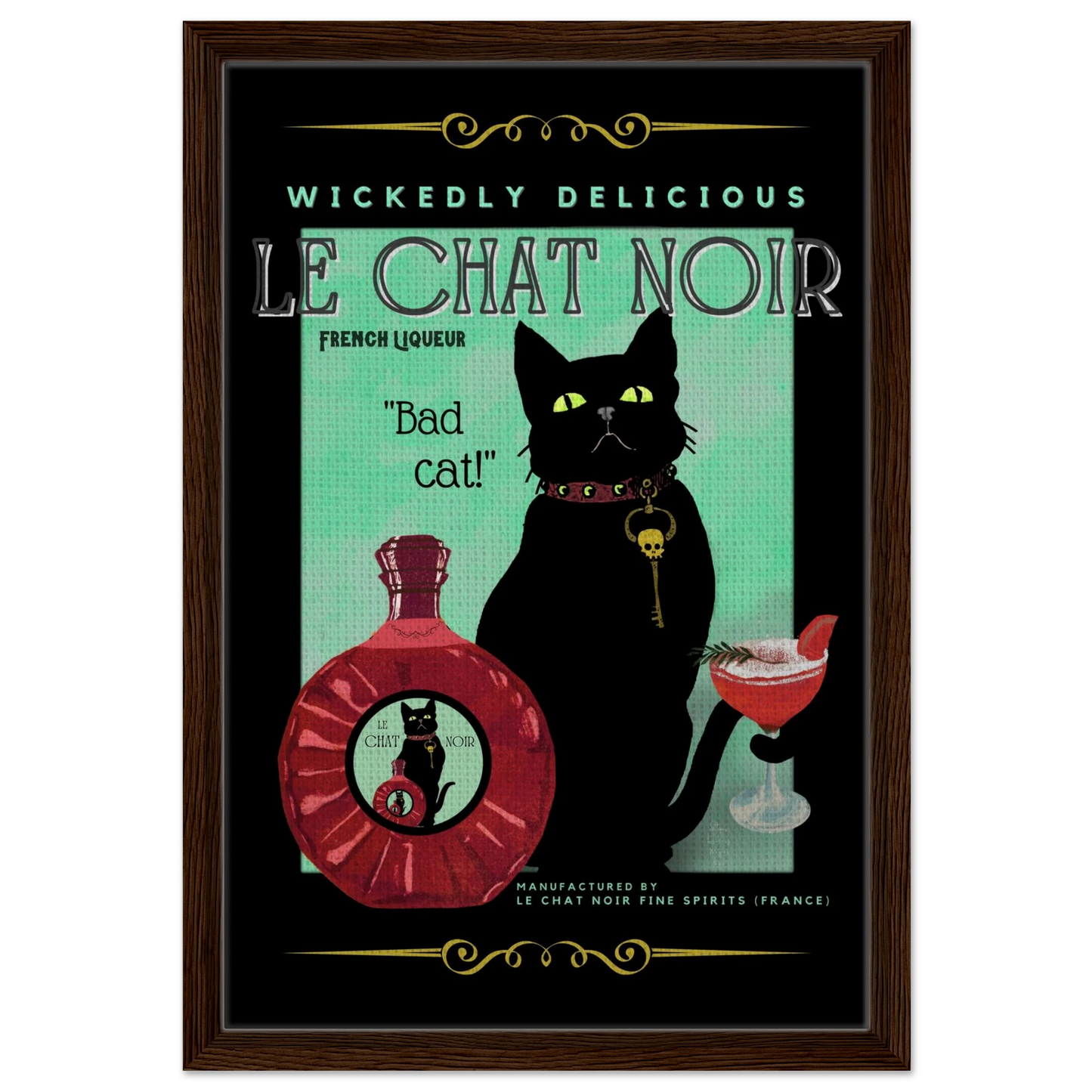 Black Cat Cocktail French Art Deco Print 40x60 cm 16x24″ Framed Canvas Dark Brown Wood Frame