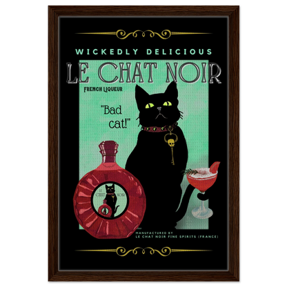 Black Cat Cocktail French Art Deco Print 40x60 cm 16x24″ Framed Canvas Dark Brown Wood Frame