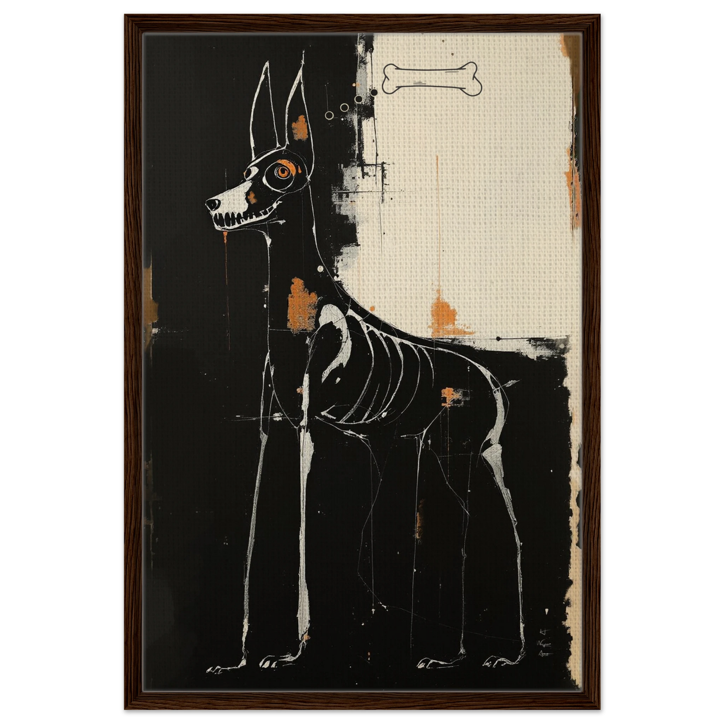 X-ray Skeleton Dog Abstract Art Poster Print 60x90 cm 24x36″ Framed Canvas Dark Brown Wood Frame