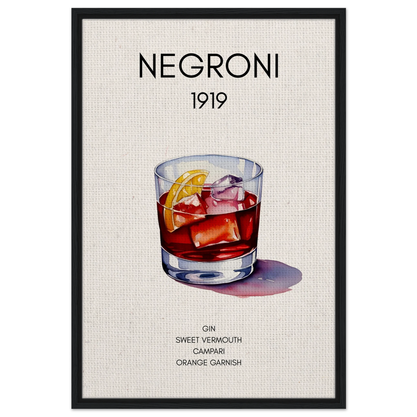 Negroni Cocktail Bar Poster Print Black Wood Frame 60x90 cm 24x36″ Framed Canvas