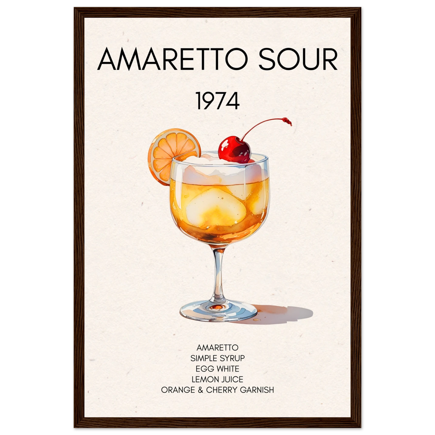 Amaretto Sour Cocktail Bar Art Print Dark Brown Wood Frame 30x45 cm 12x18″ Classic Matte Paper Wooden Framed Poster