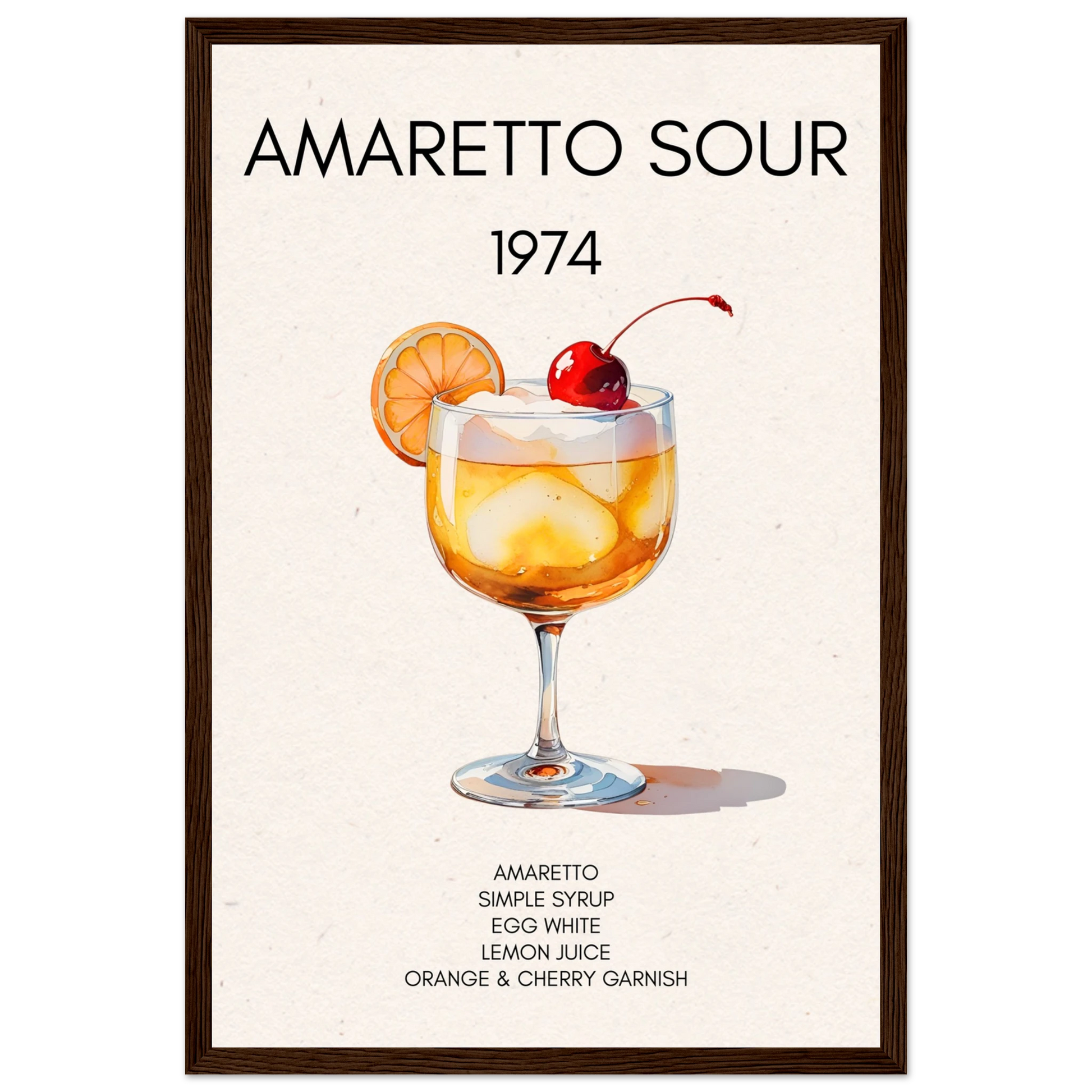 Amaretto Sour Cocktail Bar Art Print Dark Brown Wood Frame 30x45 cm 12x18″ Classic Matte Paper Wooden Framed Poster