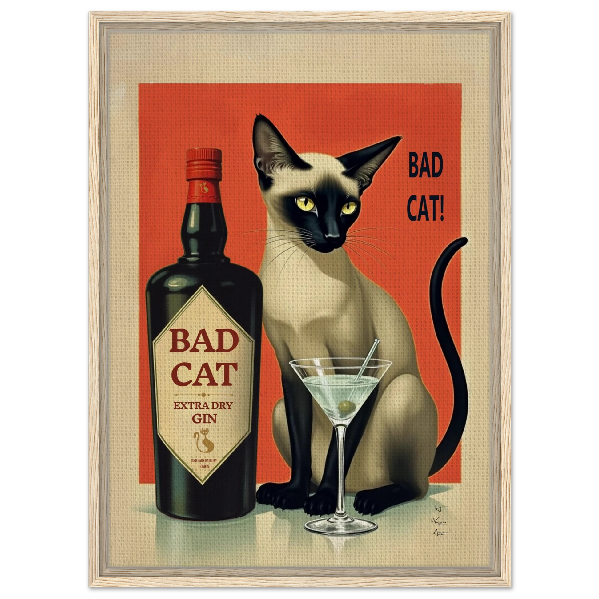 Siamese Cat Gin Martini Cocktail Art Print 50x70 cm 20x28″ Framed Canvas Light Wood Frame