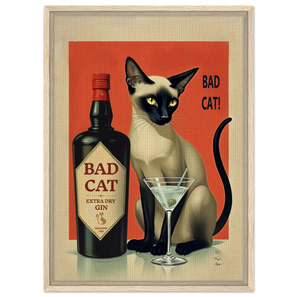 Siamese Cat Gin Martini Cocktail Art Print 50x70 cm 20x28″ Framed Canvas Light Wood Frame