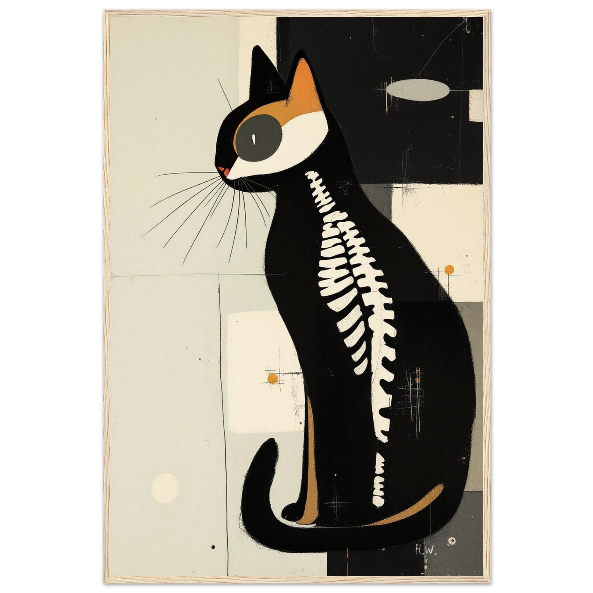 Modern Cat Skeleton Abstract Art Poster Print Light Wood Frame 60x90 cm 24x36″ Classic Matte Paper Wooden Framed Poster