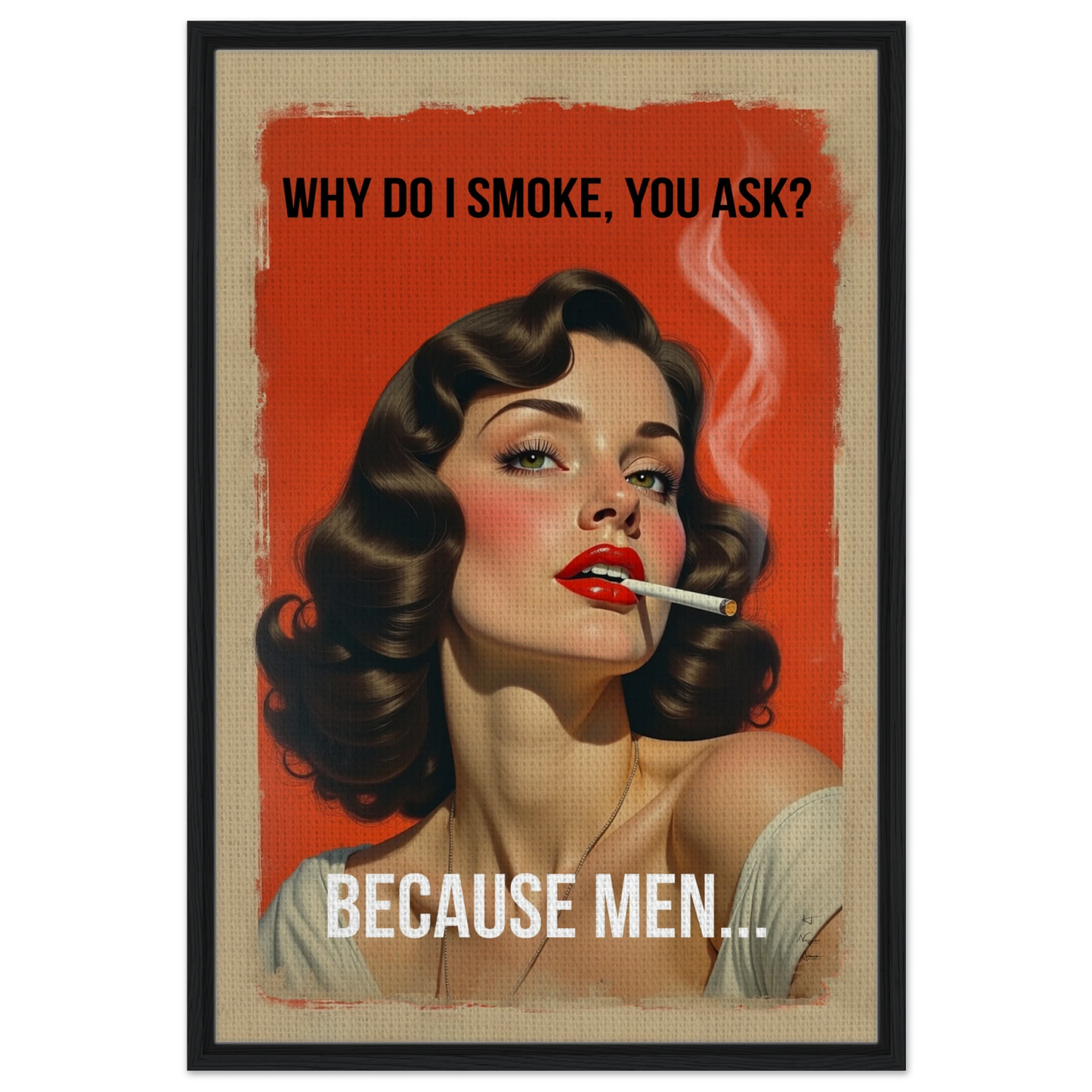 Retro Smoking Pin-Up Girl Art Print Black Wood Frame 60x90 cm 24x36″ Framed Canvas