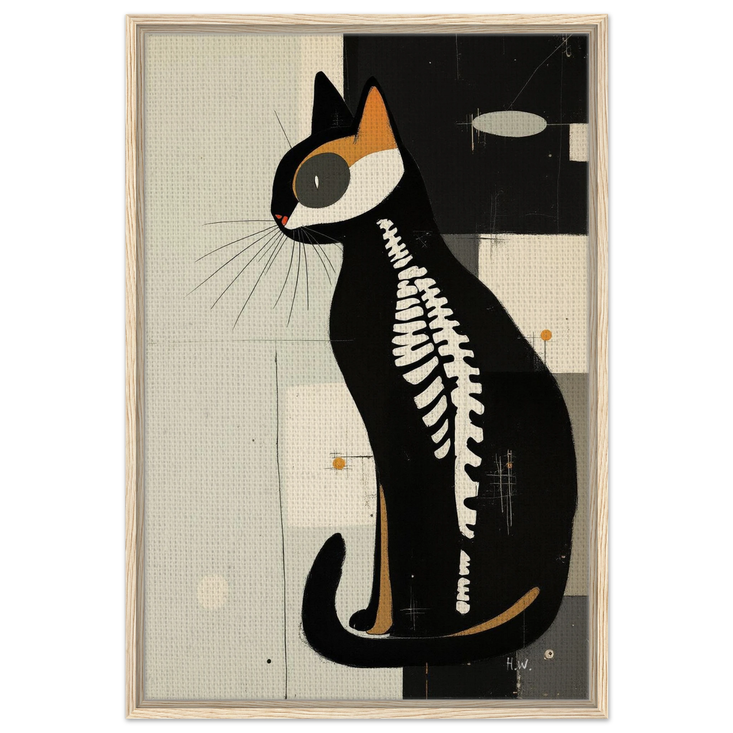 Modern Cat Skeleton Abstract Art Poster Print Light Wood Frame 60x90 cm 24x36″ Framed Canvas