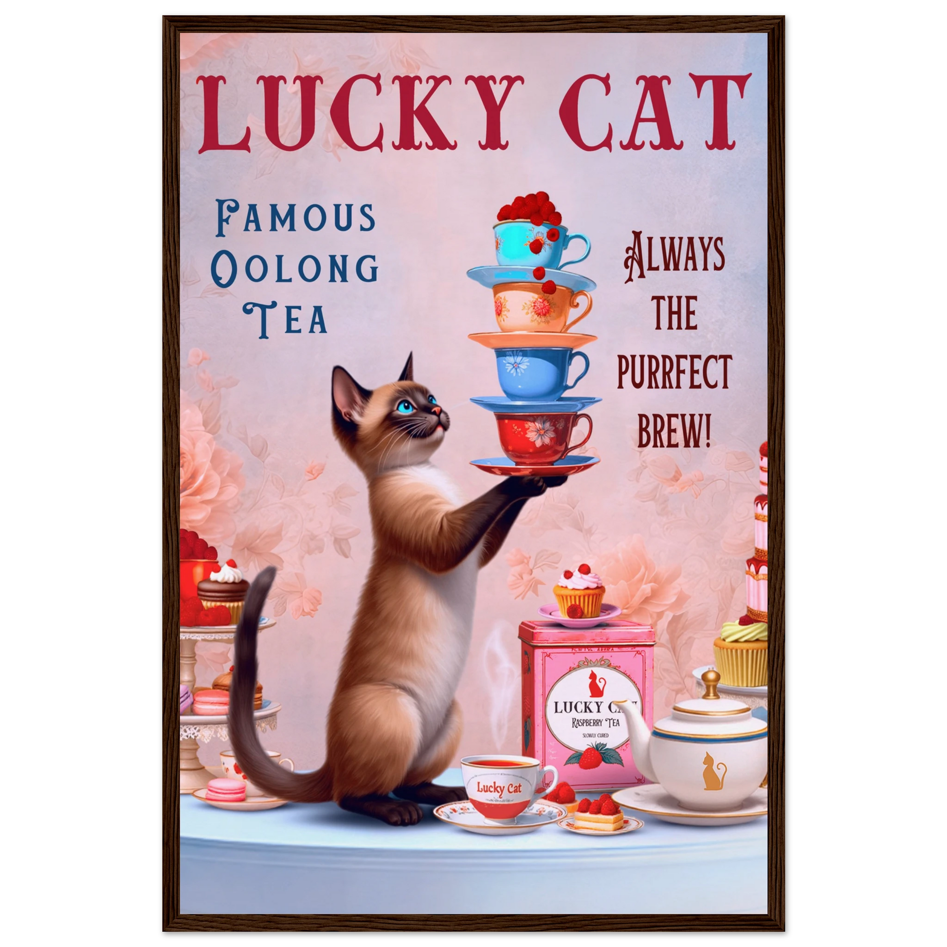 Siamese Lucky Cat Vintage Tea Art Print 40x60 cm 16x24″ Museum-Quality Matte Paper Wooden Framed Poster Dark Brown Wood Frame