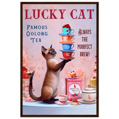 Siamese Lucky Cat Vintage Tea Art Print 40x60 cm 16x24″ Museum-Quality Matte Paper Wooden Framed Poster Dark Brown Wood Frame
