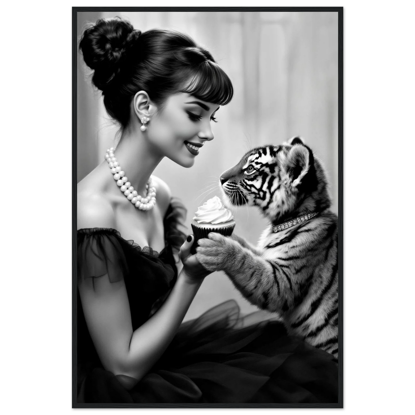 Audrey Hepburn Tiger Cub Art Print Black Wood Frame 60x90 cm 24x36″ Premium Matte Paper Wooden Framed Poster