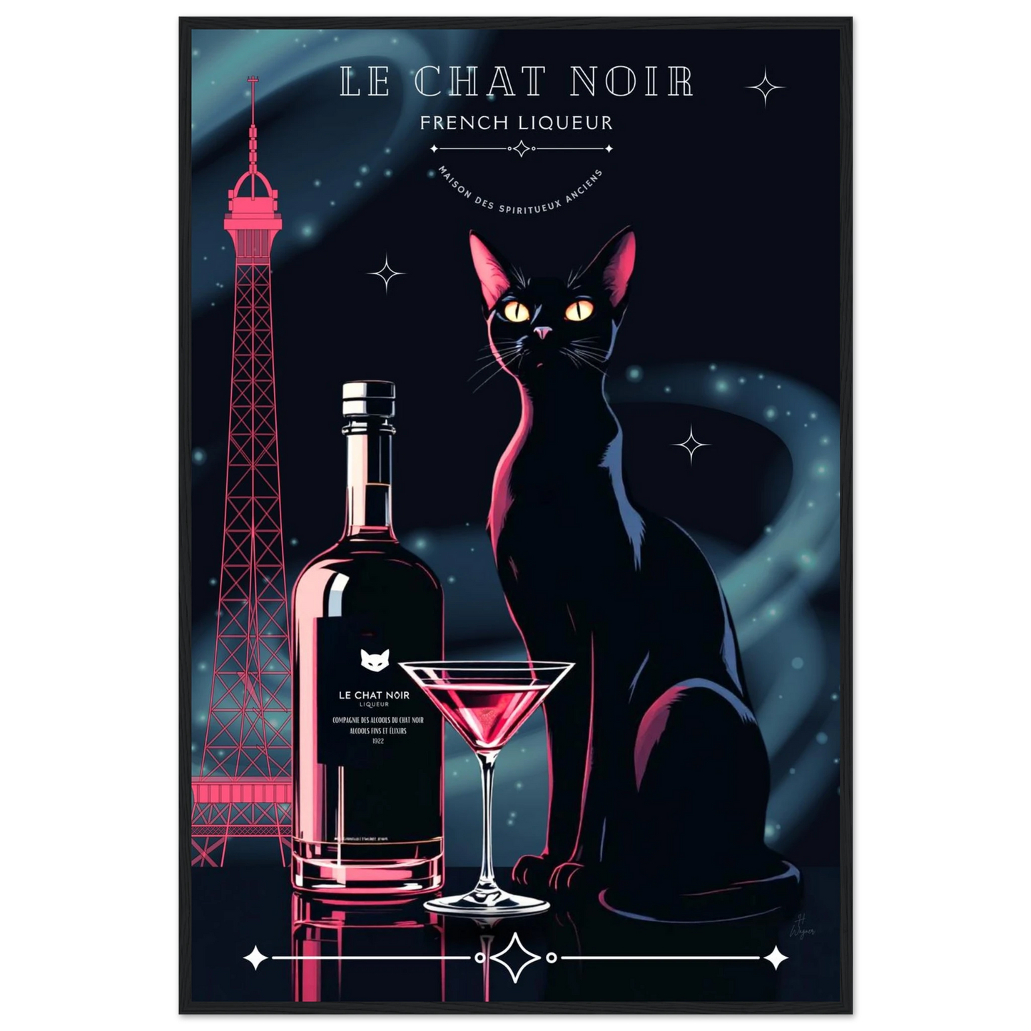 Art Deco Le Chat Noir French Black Cat Art Print 60x90 cm 24x36″ Premium Matte Paper Wooden Framed Poster Black frame
