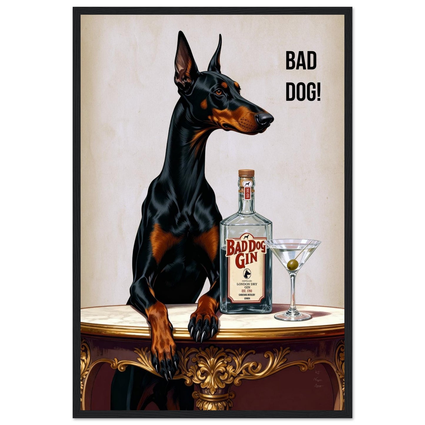 Bad Dog Gin Cocktail Bar Art Print 40x60 cm 16x24″ Premium Matte Framed Poster Black Wood Frame