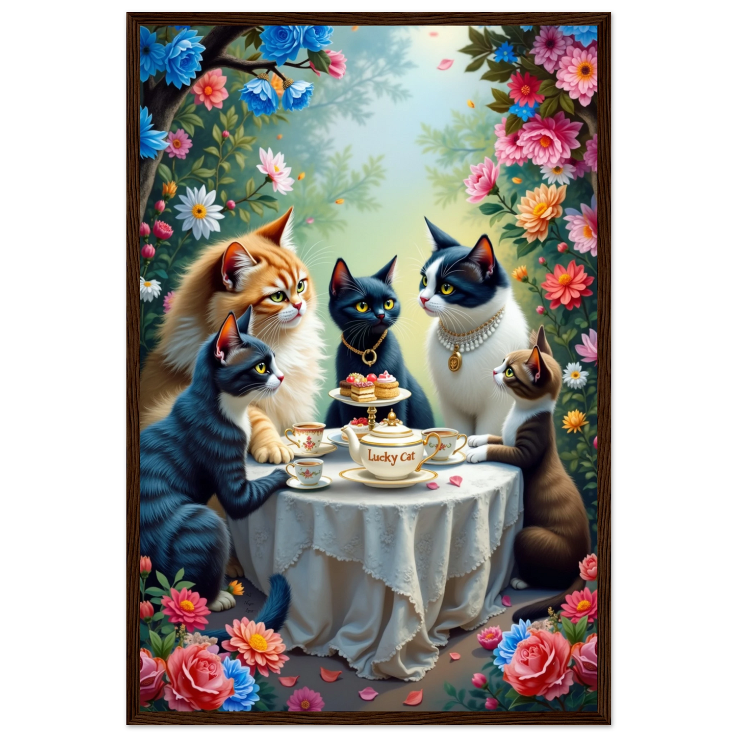 Lucky Cat Tea Party Botanical Art Print 40x60 cm 16x24″ Premium Matte Paper Wooden Framed Poster Dark Brown Wood Frame