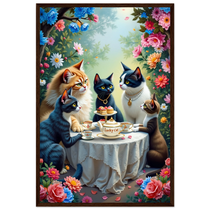 Lucky Cat Tea Party Botanical Art Print 40x60 cm 16x24″ Premium Matte Paper Wooden Framed Poster Dark Brown Wood Frame