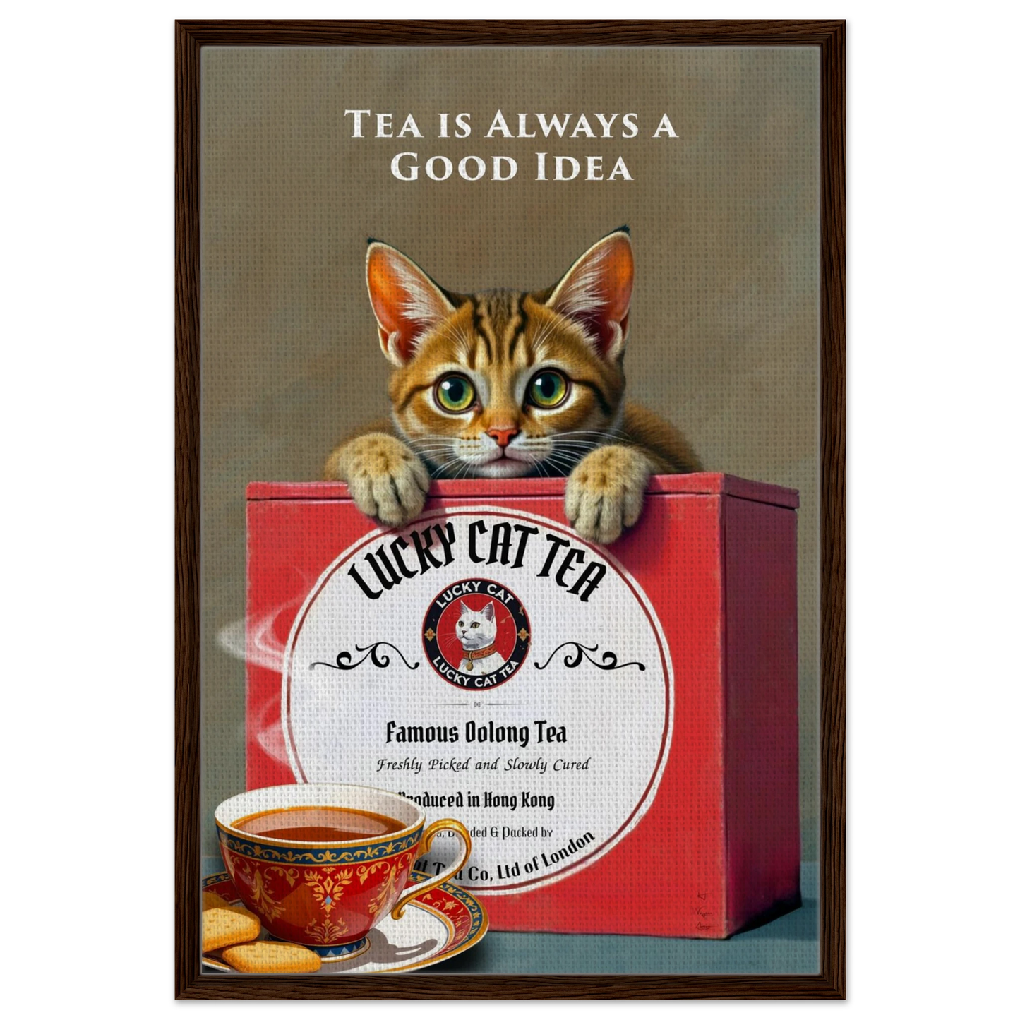 Lucky Cat Tea Vintage Kitchen Art Print Dark Brown Wood Frame 60x90 cm 24x36″ Framed Canvas