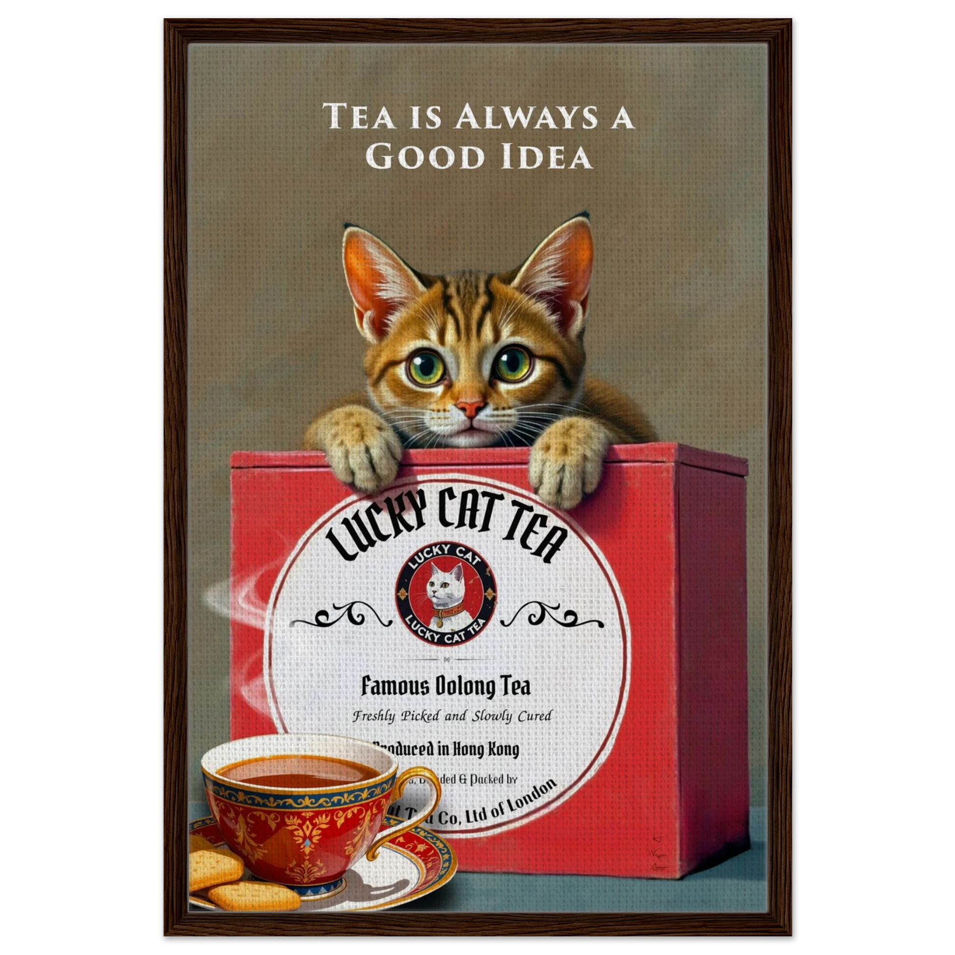 Tabby Lucky Cat Tea Vintage Kitchen Art Print Dark Brown Wood Frame 60x90 cm 24x36″ Framed Canvas