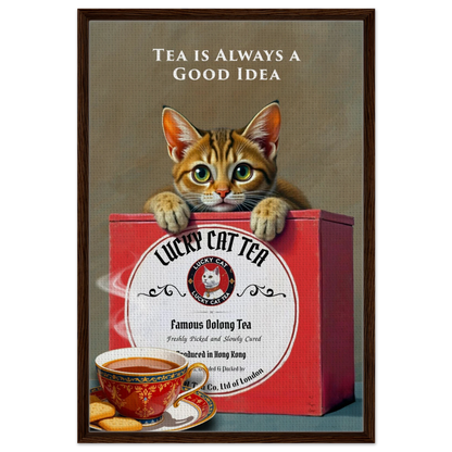 Tabby Lucky Cat Tea Vintage Kitchen Art Print Dark Brown Wood Frame 60x90 cm 24x36″ Framed Canvas