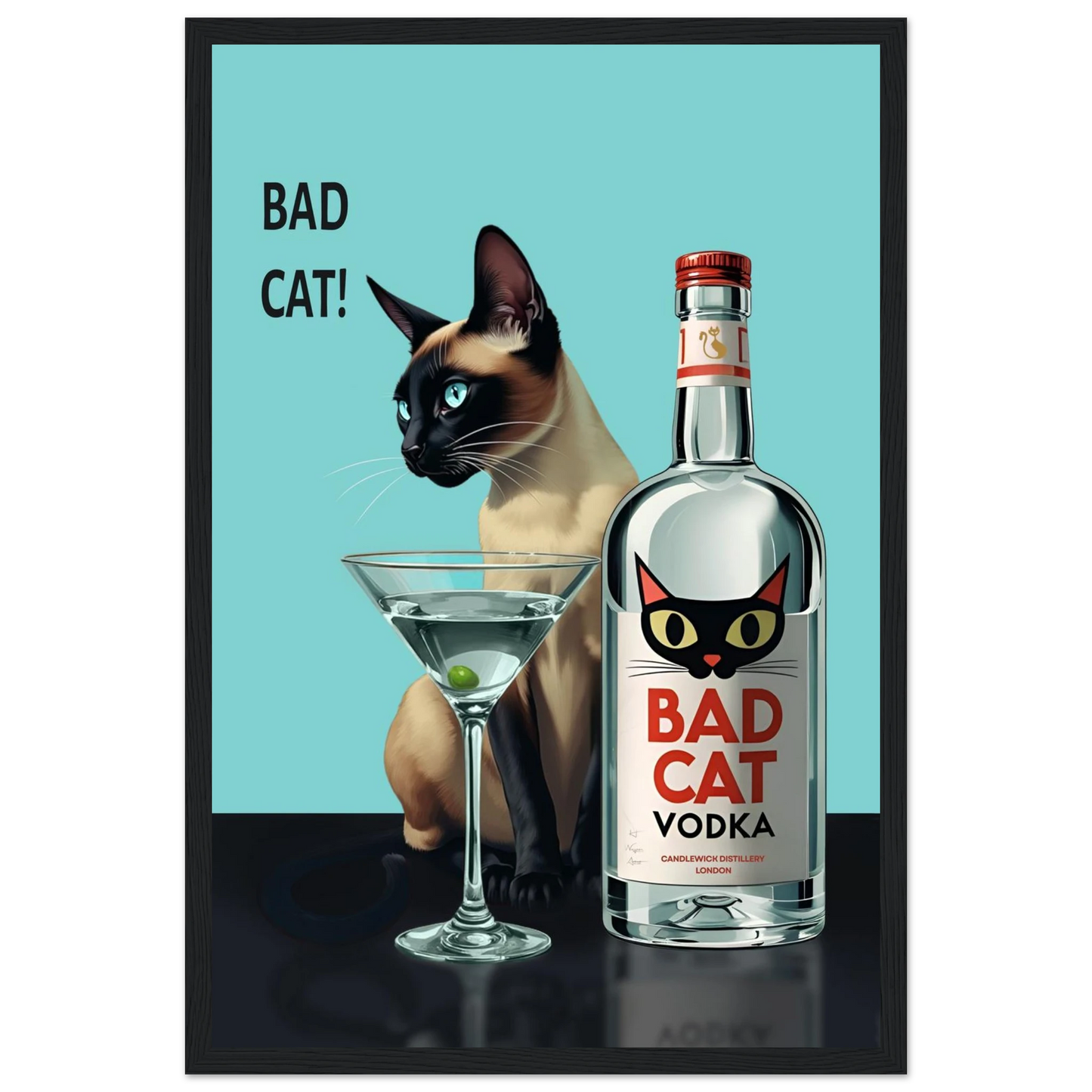 Siamese Cat Retro Martini Cocktail Bar Art Print Black Wood Frame 60x90 cm 24x36″ Framed Canvas