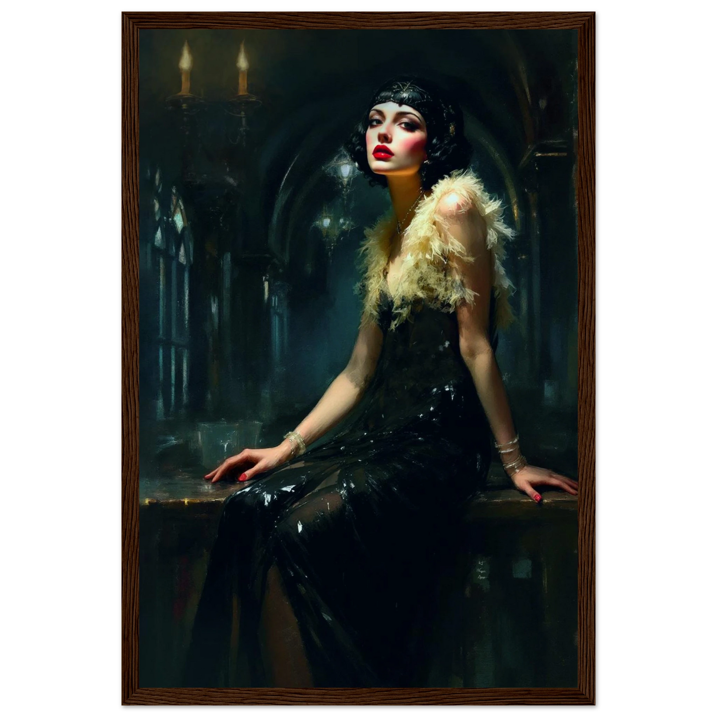 Speakeasy 1920s Flapper Art Print 30x45 cm 12x18″ Museum-Quality Matte Paper Wooden Framed Poster Dark Brown Wood Frame