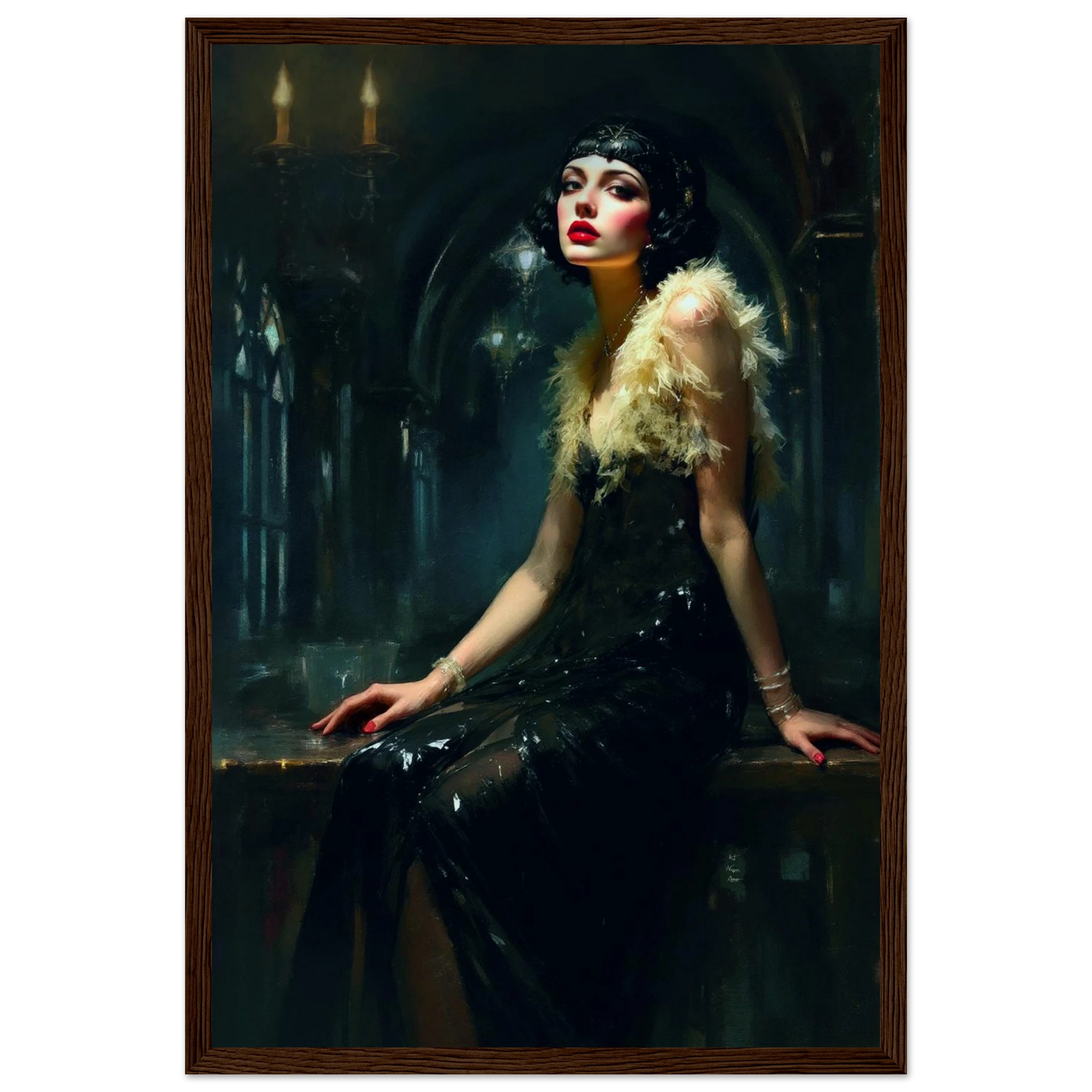 Speakeasy 1920s Elegant Flapper Art Print 30x45 cm 12x18″ Museum-Quality Matte Paper Wooden Framed Poster Dark Brown Wood Frame