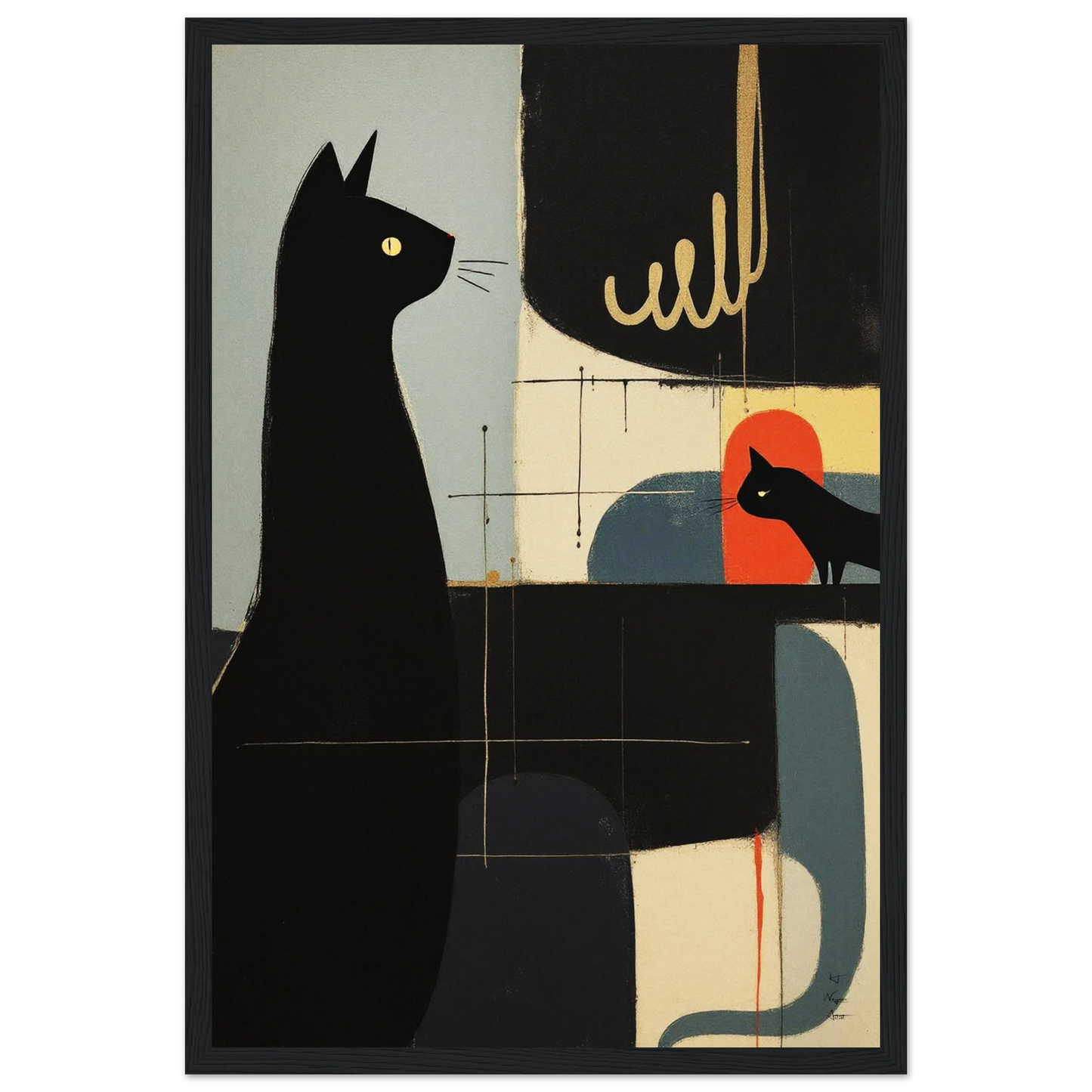 Abstract Cat & Kitten Modern Art Print Black Wood Frame 30x45 cm 12x18″ Museum-Quality Matte Framed Poster