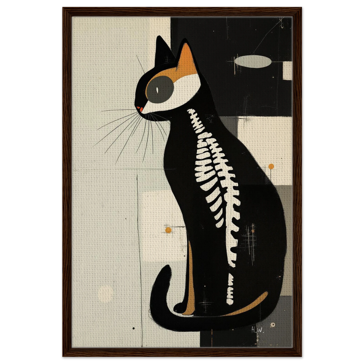 Modern Cat Skeleton Abstract Art Poster Print Dark Brown Wood Frame 60x90 cm 24x36″ Framed Canvas