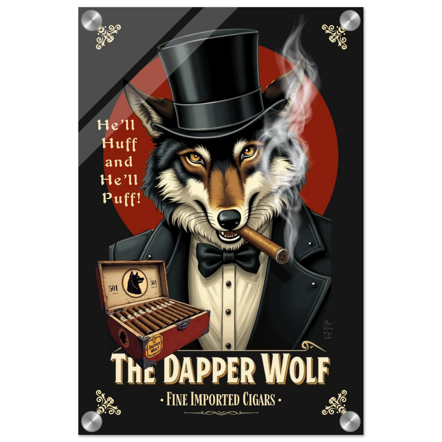 Smoking Wolf Retro Cigar Art Print 30x45 cm 12x18″ Sleek Acrylic Print -
