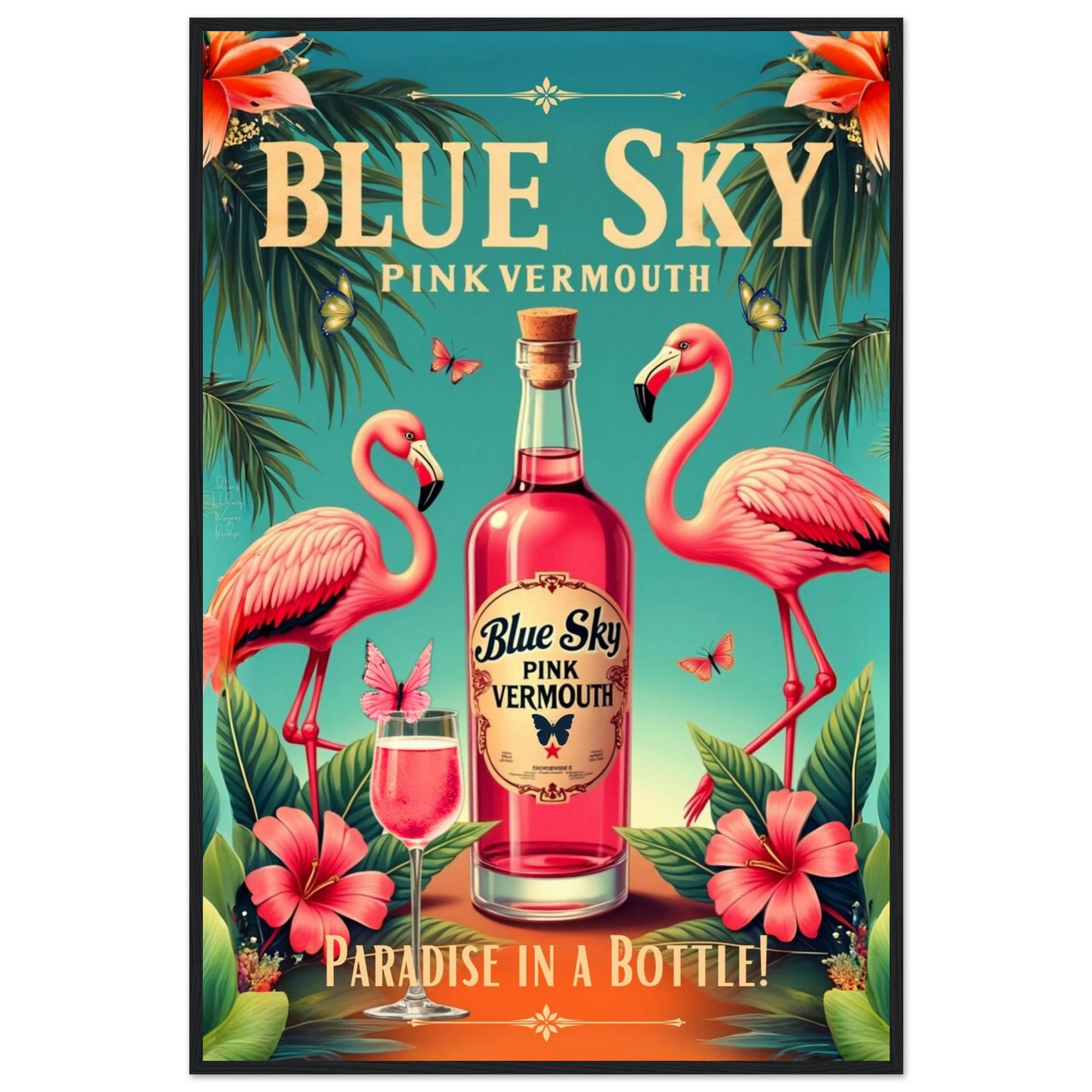 Vintage Pink Flamingo Tiki Bar Art Print 60x90 cm 24x36″ Classic Matte Paper Wooden Framed Poster Black Wood Frame