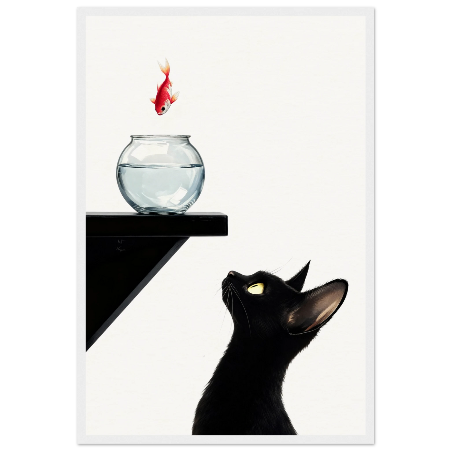 Curious Black Cat Goldfish Minimalist Art Print 40x60 cm 16x24″ Museum-Quality Matte Framed Poster - White Wood