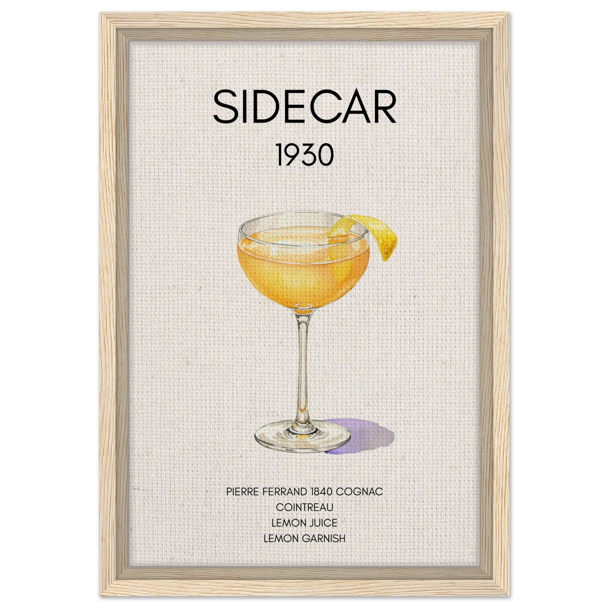 Classic Sidecar Cocktail Bar Art Print Light Wood Frame 30x45 cm 12x18″ Framed Canvas