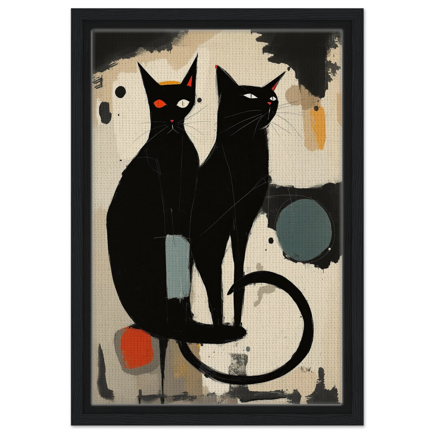 Abstract Crazy Cat Duo Art Print Black Wood Frame 30x45 cm 12x18″ Framed Canvas