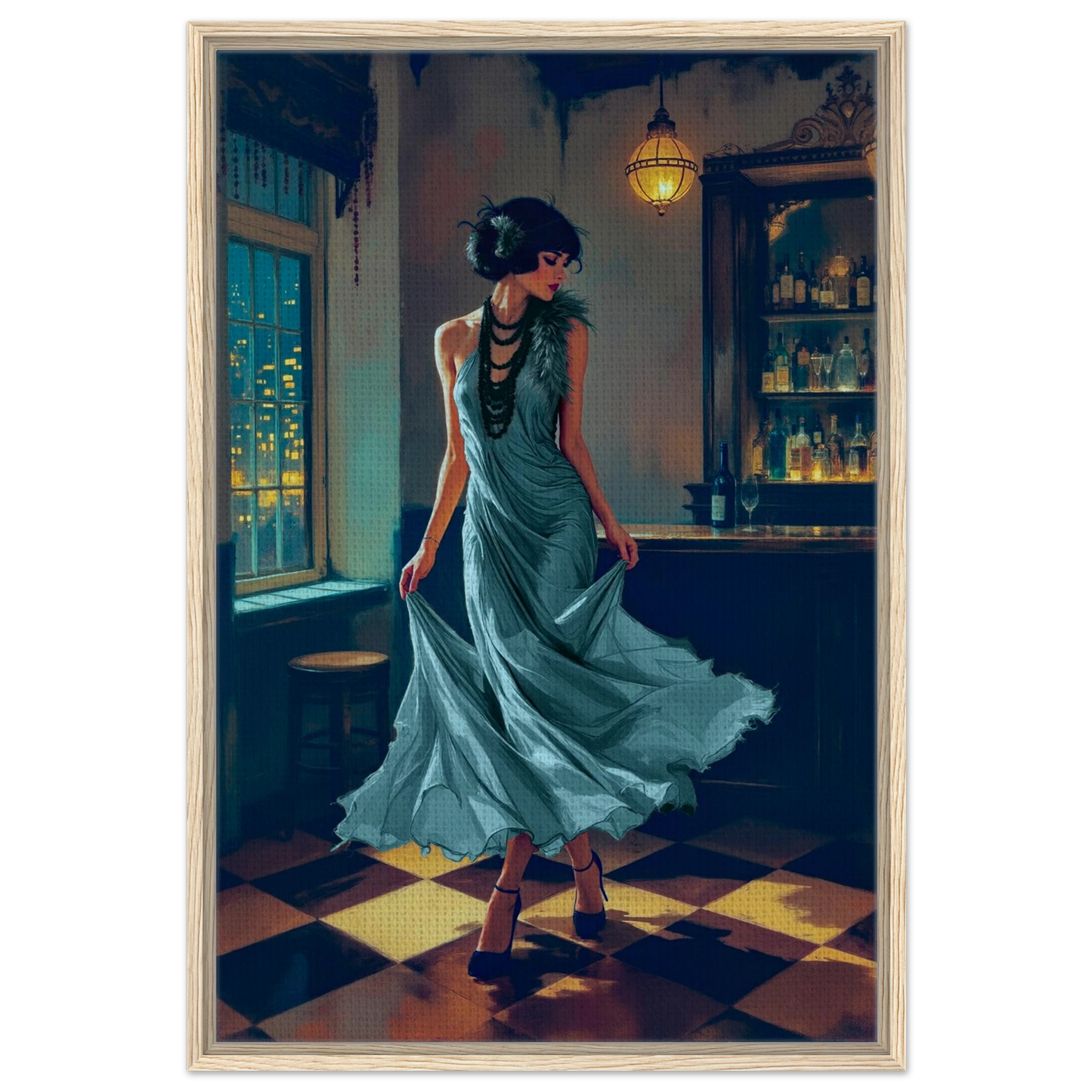 1920s Flapper Speakeasy Art Print 60x90 cm 24x36″ Framed Canvas Light Wood Frame