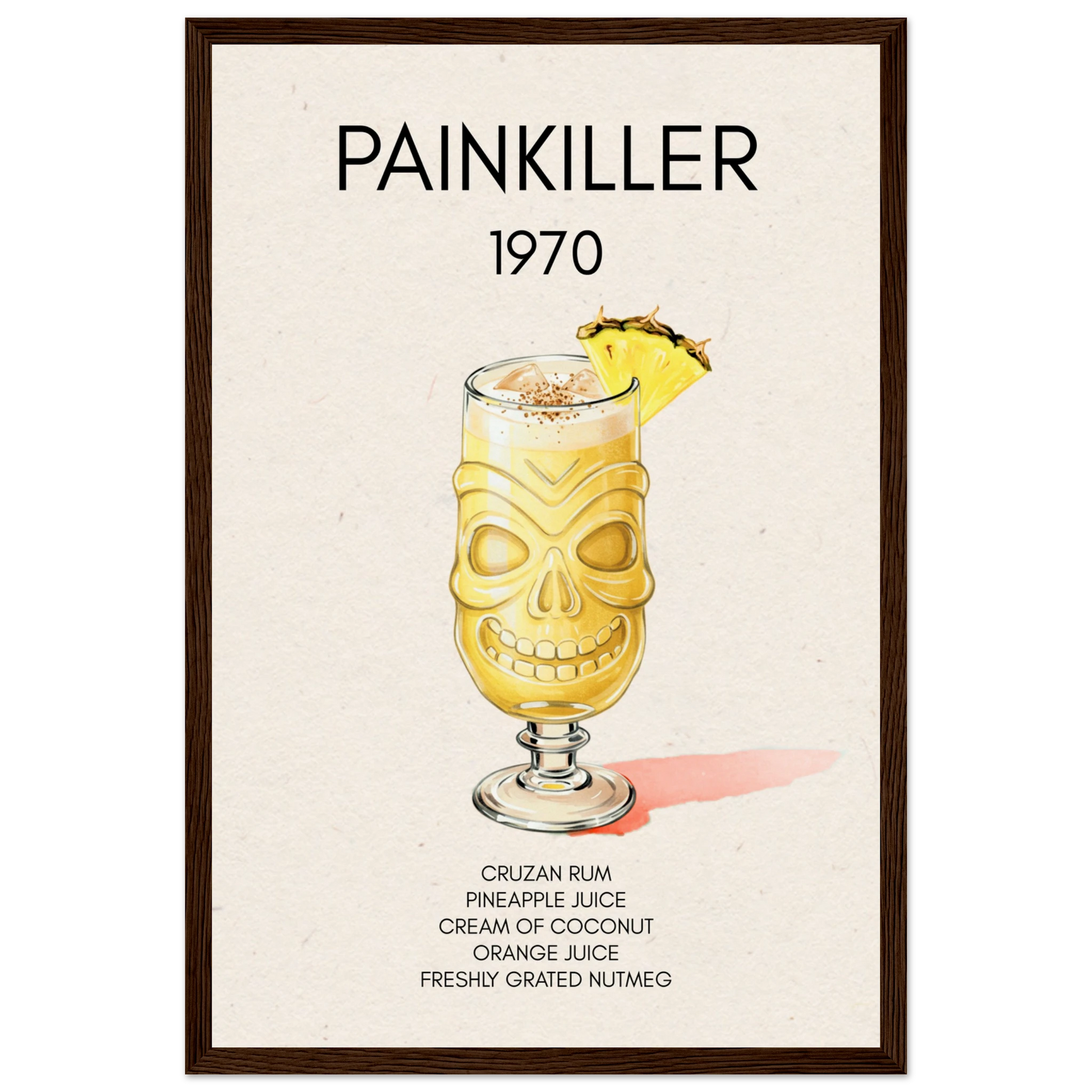 Painkiller Cocktail Bar Art Tiki Print Dark Brown Wood Frame 30x45 cm 12x18″ Museum-Quality Matte Paper Wooden Framed Poster