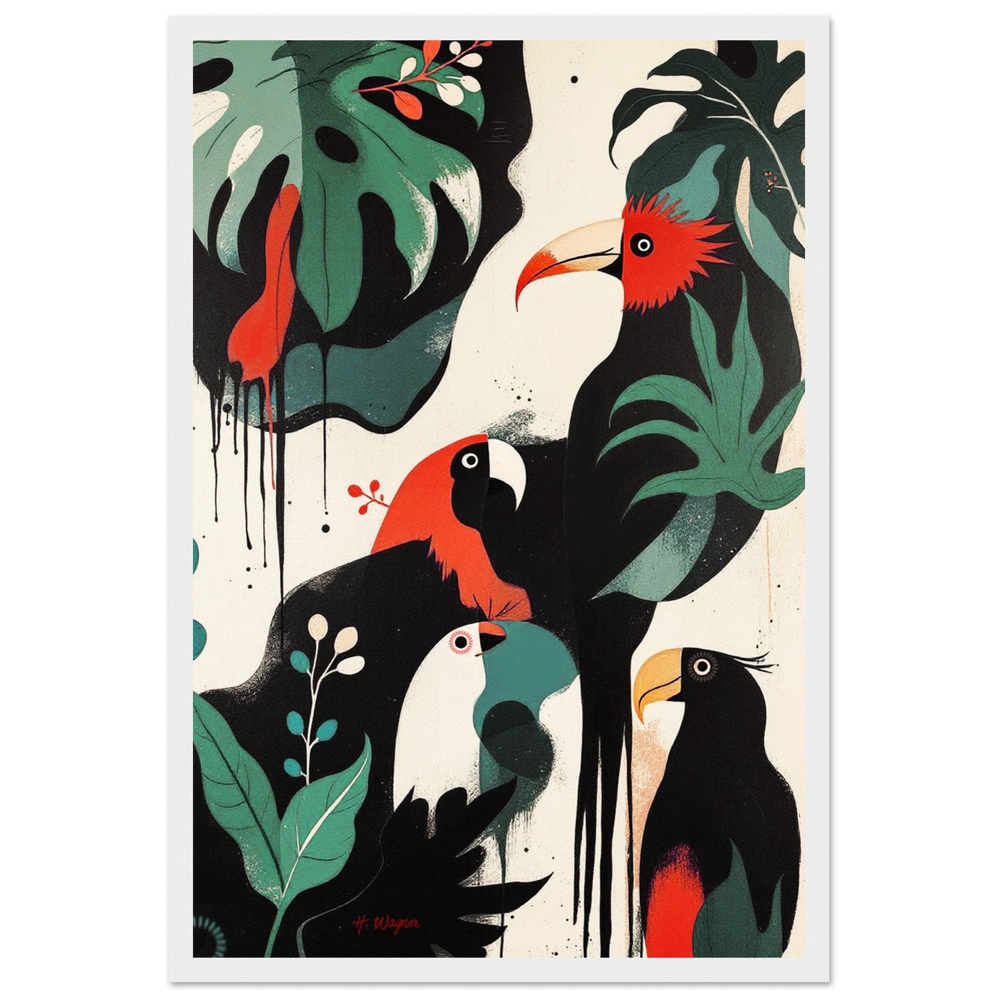 Mid-Century Modern Exotic Bird Art Poster Print - Framed Tropical Parrot Wall Décor White Wood Frame 30x45 cm 12x18″ Classic Matte Wooden Framed Poster