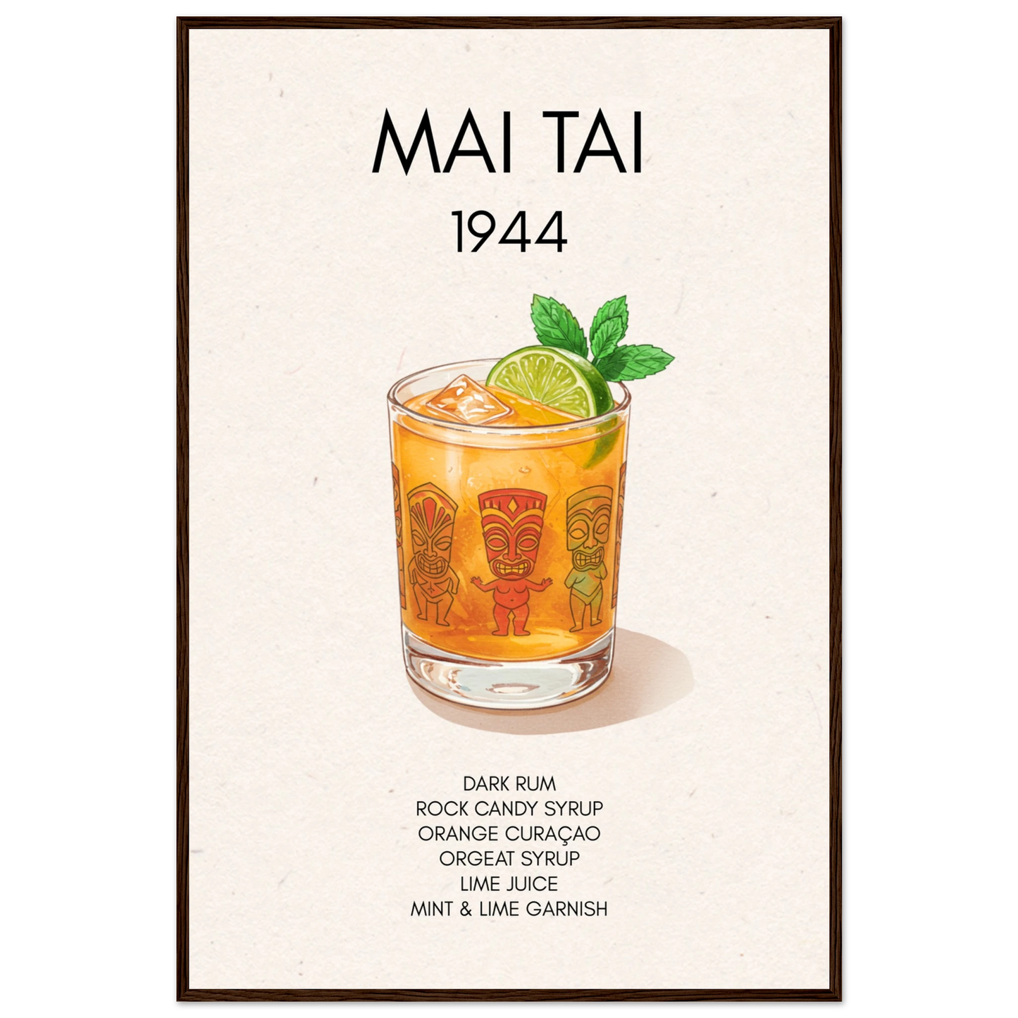 Mai Tai Tropical Cocktail Bar Poster Print Dark Brown Wood Frame 60x90 cm 24x36″ Premium Matte Paper Wooden Framed Poster