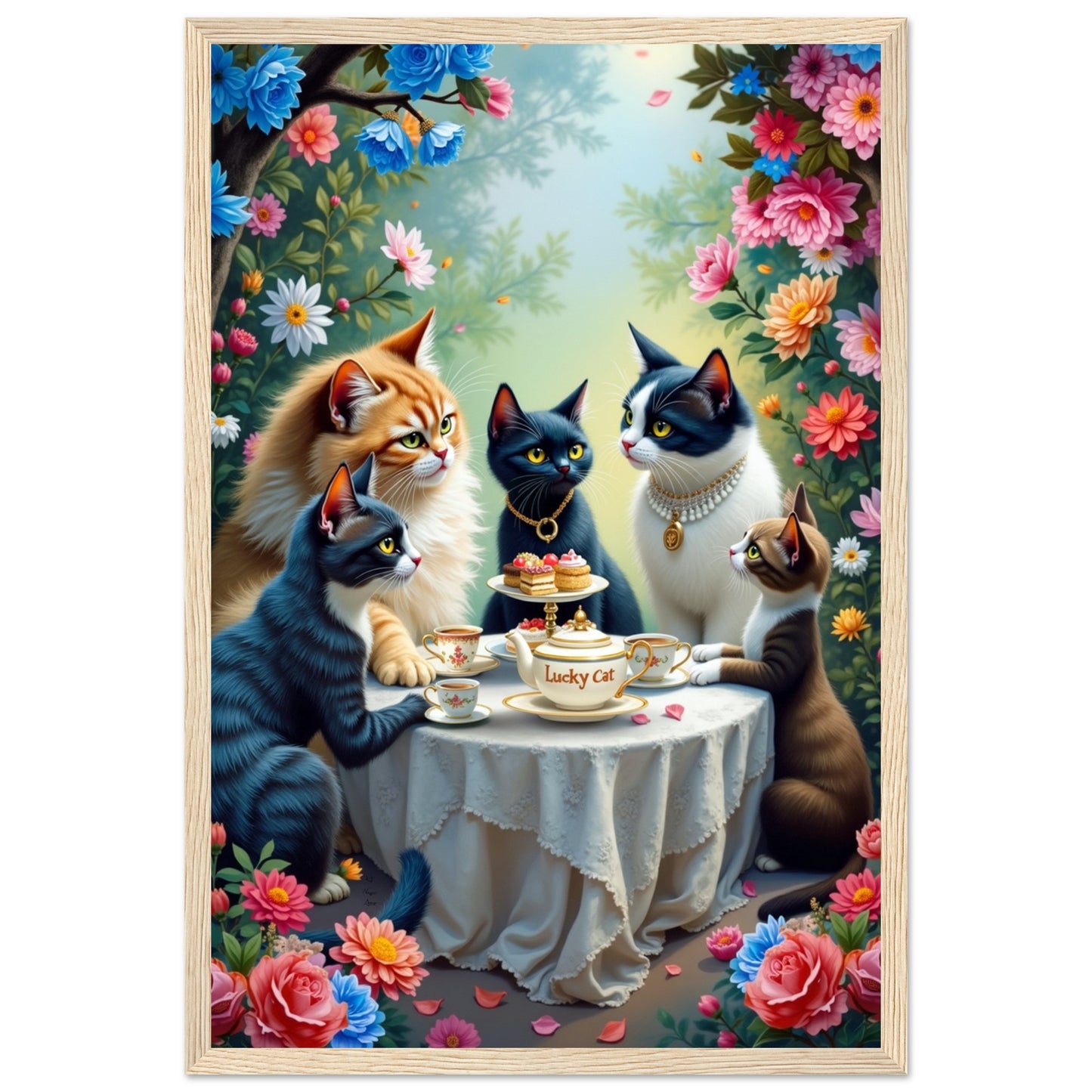 Lucky Cat Garden Tea Party Kitchen Art Print Light Wood Frame 30x45 cm 12x18″ Classic Matte Paper Wooden Framed Poster