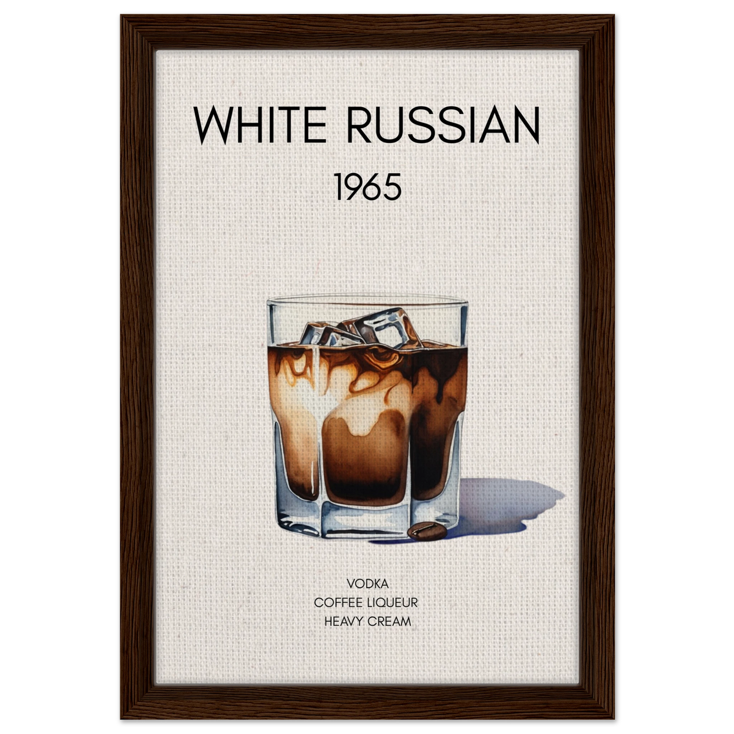 White Russian Cocktail Bar Art Poster Print Dark Brown Wood Frame 30x45 cm 12x18″ Framed Canvas
